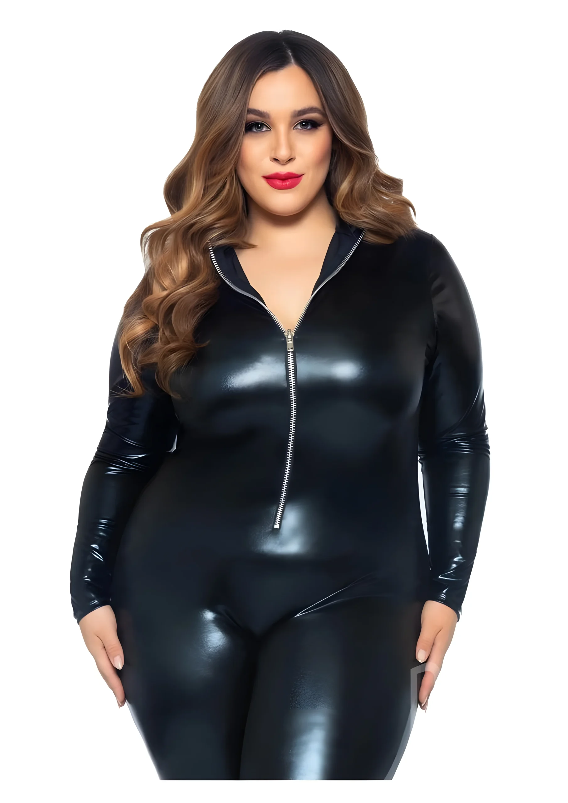 Plus Size Wet Look Leather Catsuit 1X2X