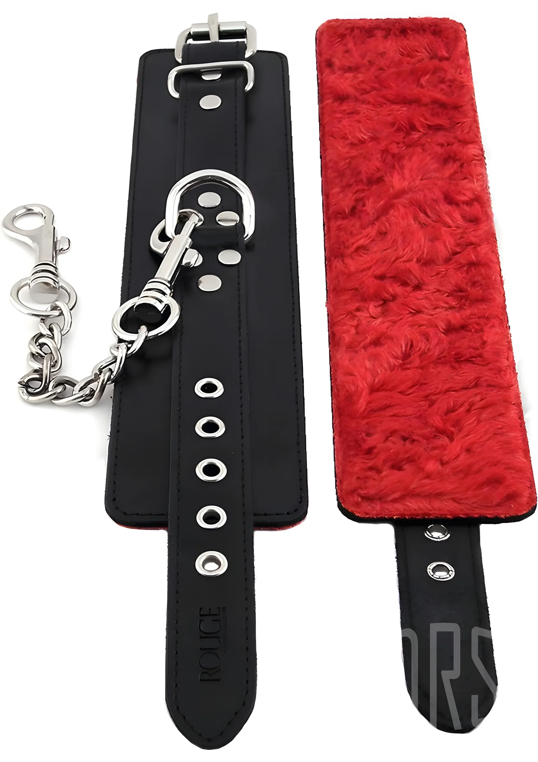 Rouge Black Leather Wrist Cuffs with Red Fur