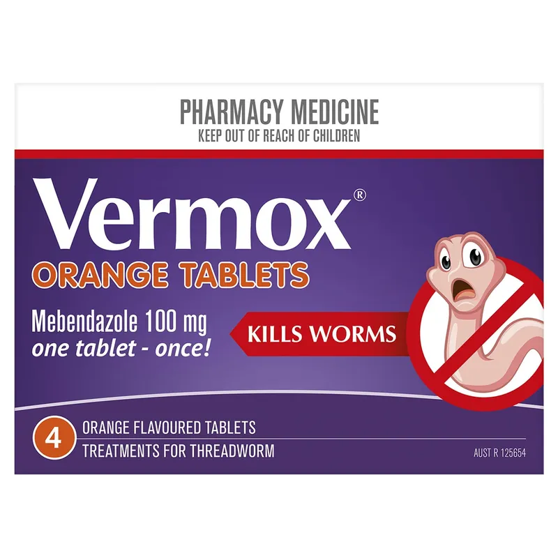 Worldwide Shipping Vermox Worming Treatment 4 Orange Flavoured Tablets