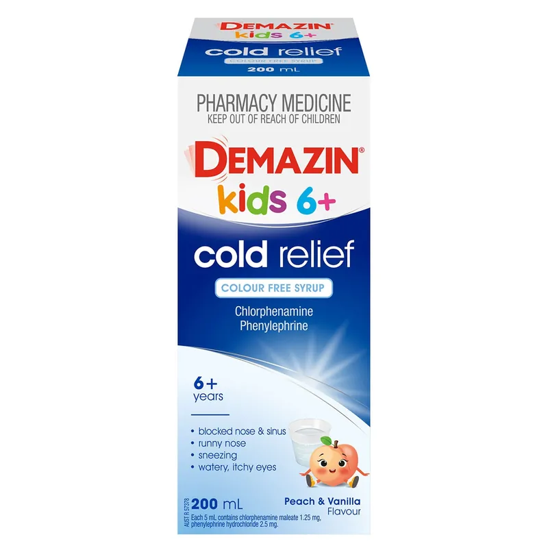 Buy Today Demazin Kids 6+ Years Cold Relief Colour Free Syrup Peach & Vanilla 200ml