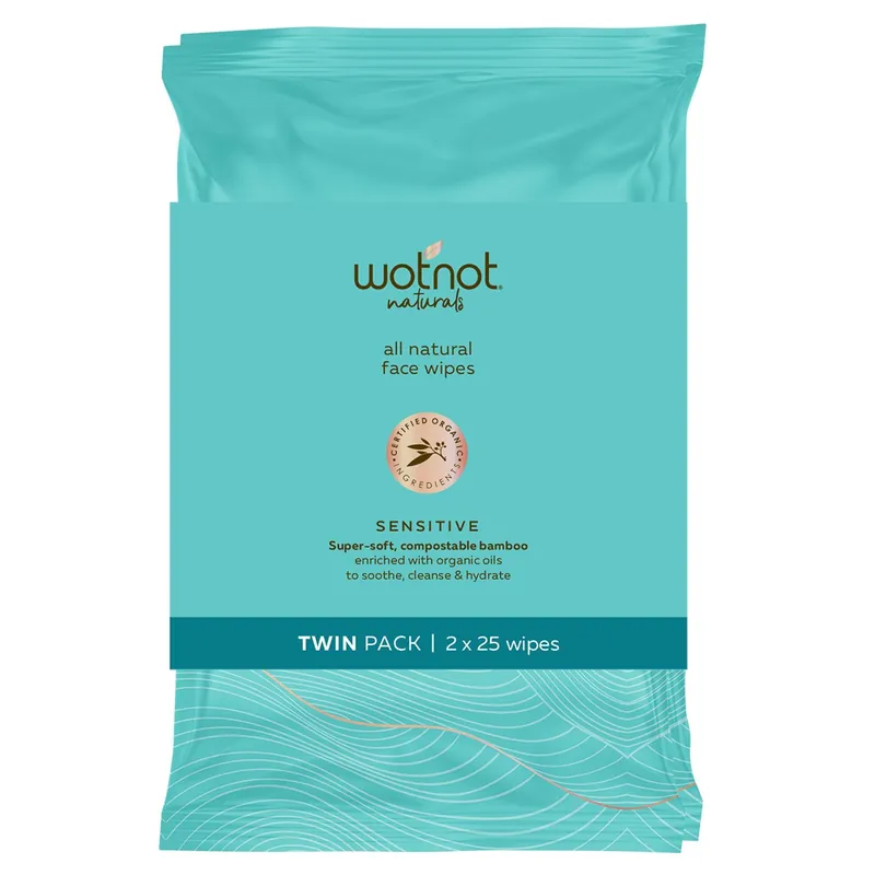 Wotnot Natural Sensitive Skin Face Wipes 2 x 25 Pack Limited Offer