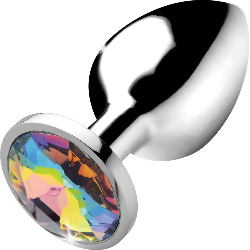 Booty Sparks Smooth Metal Anal Plug with Round Prism Base, 3.2", Silver/Rainbow