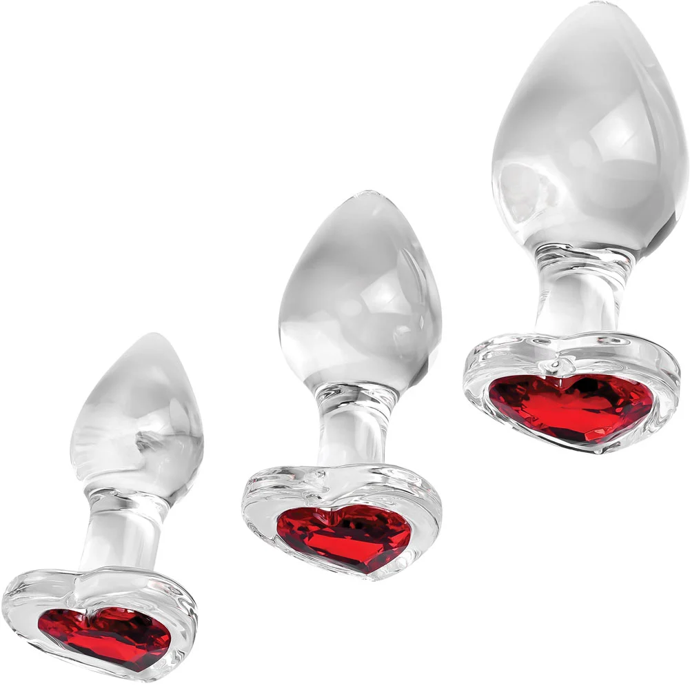 Adam and Eve 3-Piece Glass Anal Plug with Gemstone Heart Base Set, Red/Clear