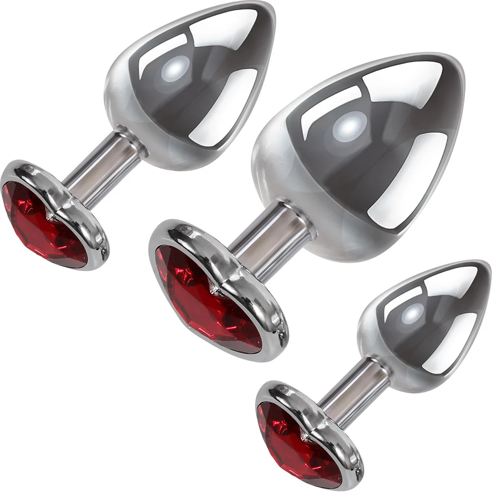 Adam and Eve Metal Anal Plug Set, Silver/Red Heart Gem
