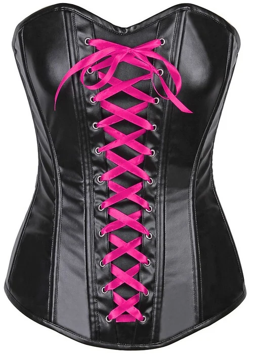 Black Lavish Wet Look Faux Leather Pink Lace Up Corset by Daisy Corsets