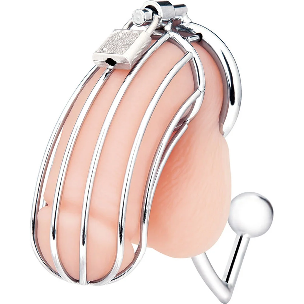 Blue Line Metal Penis Cage with Anal Stimulator, Silver