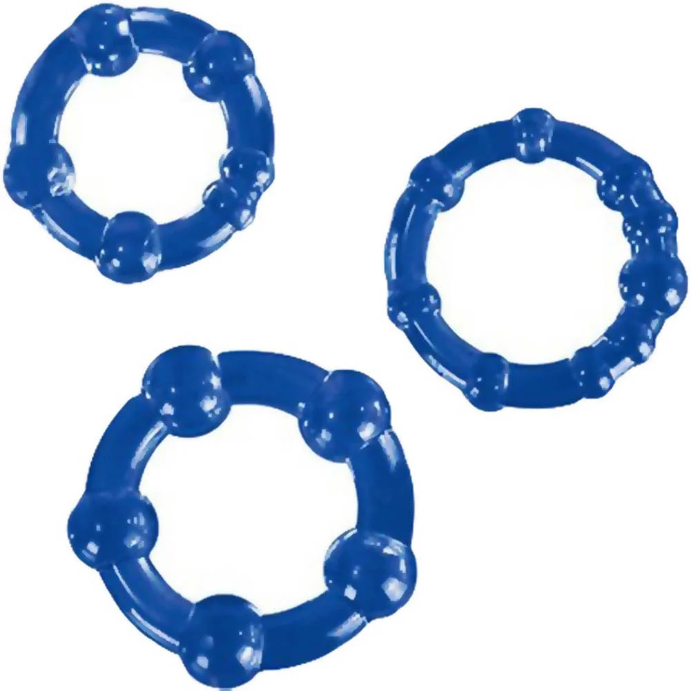 Blush Stay Hard Beaded Penis Rings, 3 Ring Set, Blue