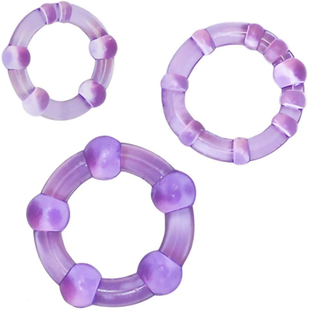 Blush Stay Hard Beaded Penis Rings, 3 Ring Set, Purple