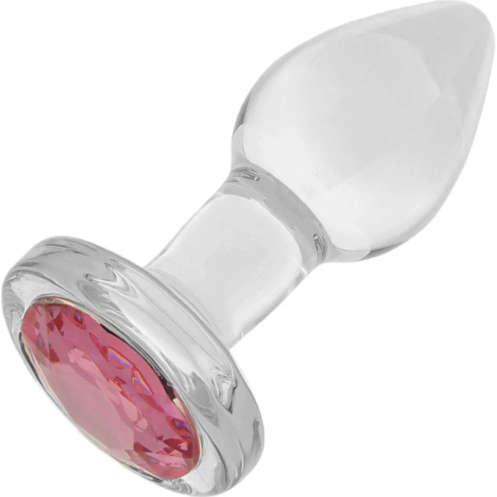 Booty Sparks Smooth Glass Anal Plug with Round Base, 2.8", Clear/Pink