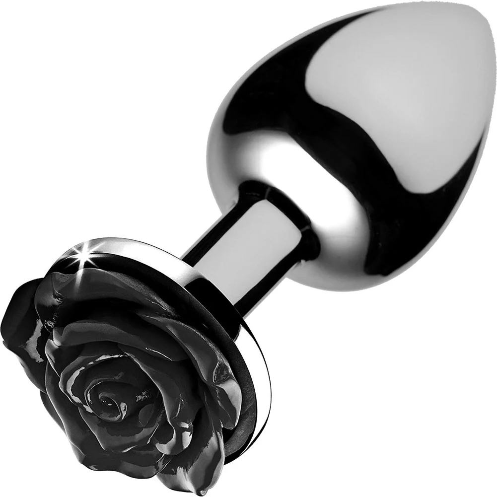 Booty Sparks Smooth Metal Anal Plug with Black Rose Base, 3", Silver/Black