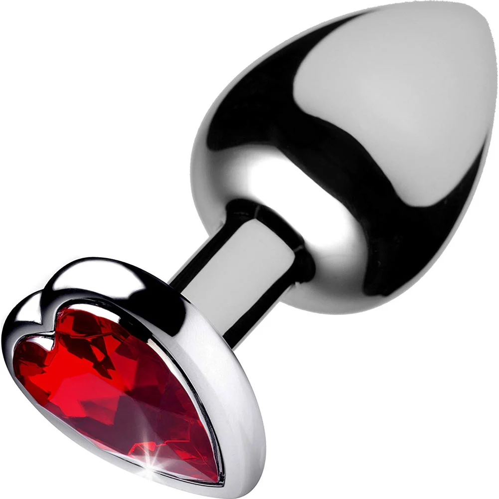 Booty Sparks Smooth Metal Anal Plug with Heart Base, 3.25", Silver/Red