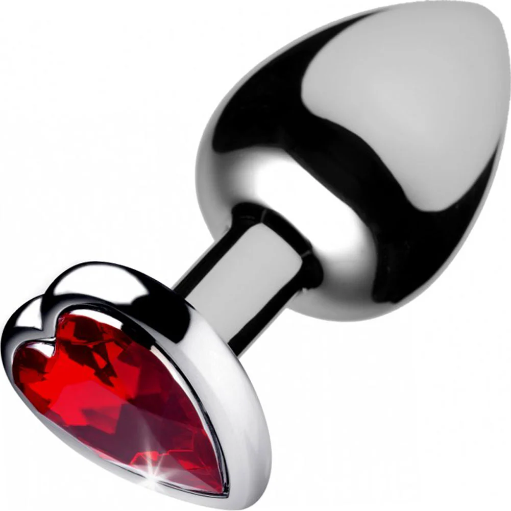 Booty Sparks Smooth Metal Anal Plug with Heart Base, 3.75", Silver/Red