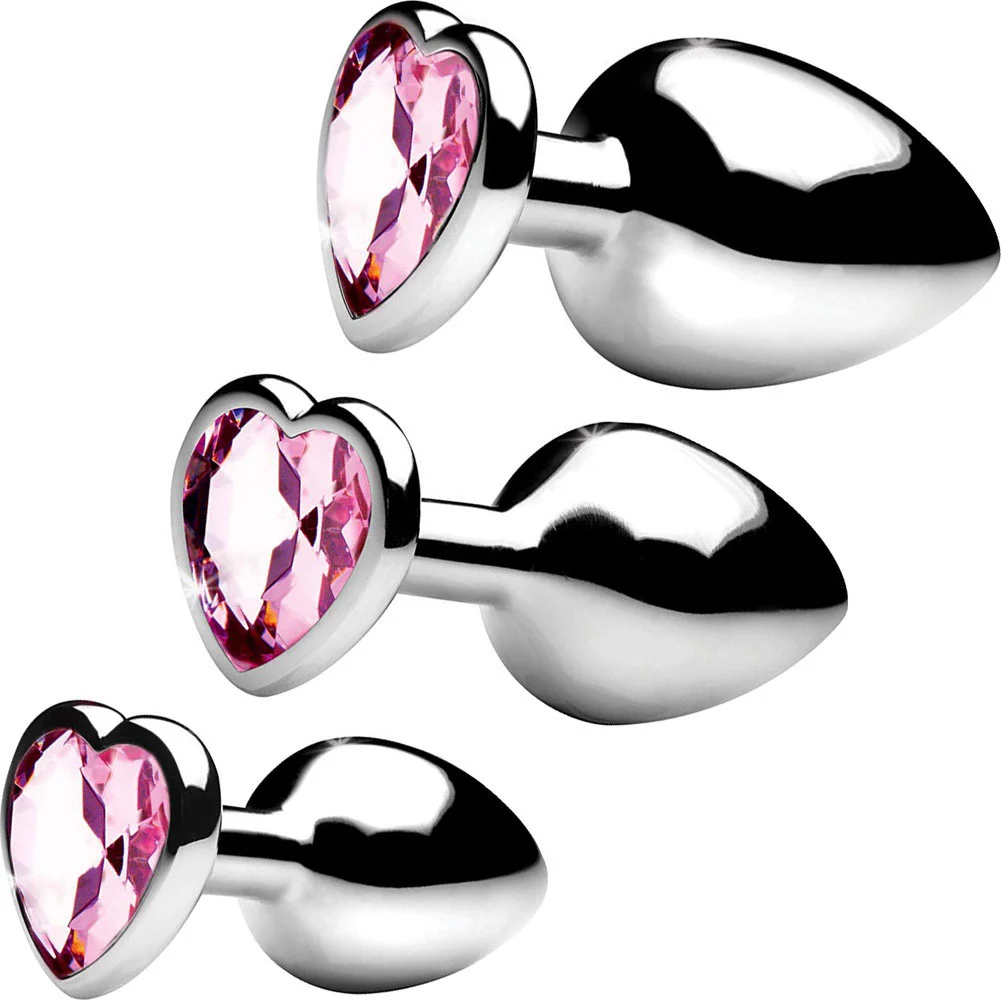 Booty Sparks Smooth Metal Anal Plug with Heart Base, Set of 3, Silver/Pink