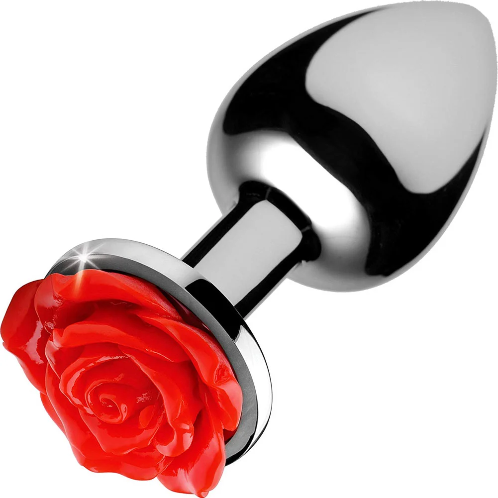 Booty Sparks Smooth Metal Anal Plug with Rose Base, 3.5", Silver/Red