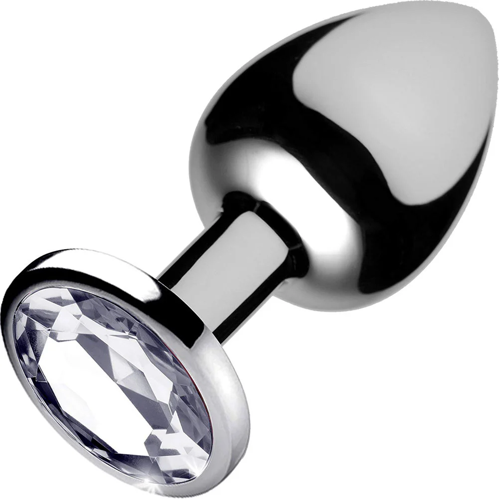 Booty Sparks Smooth Metal Anal Plug with Round Base, 4", Silver/Clear
