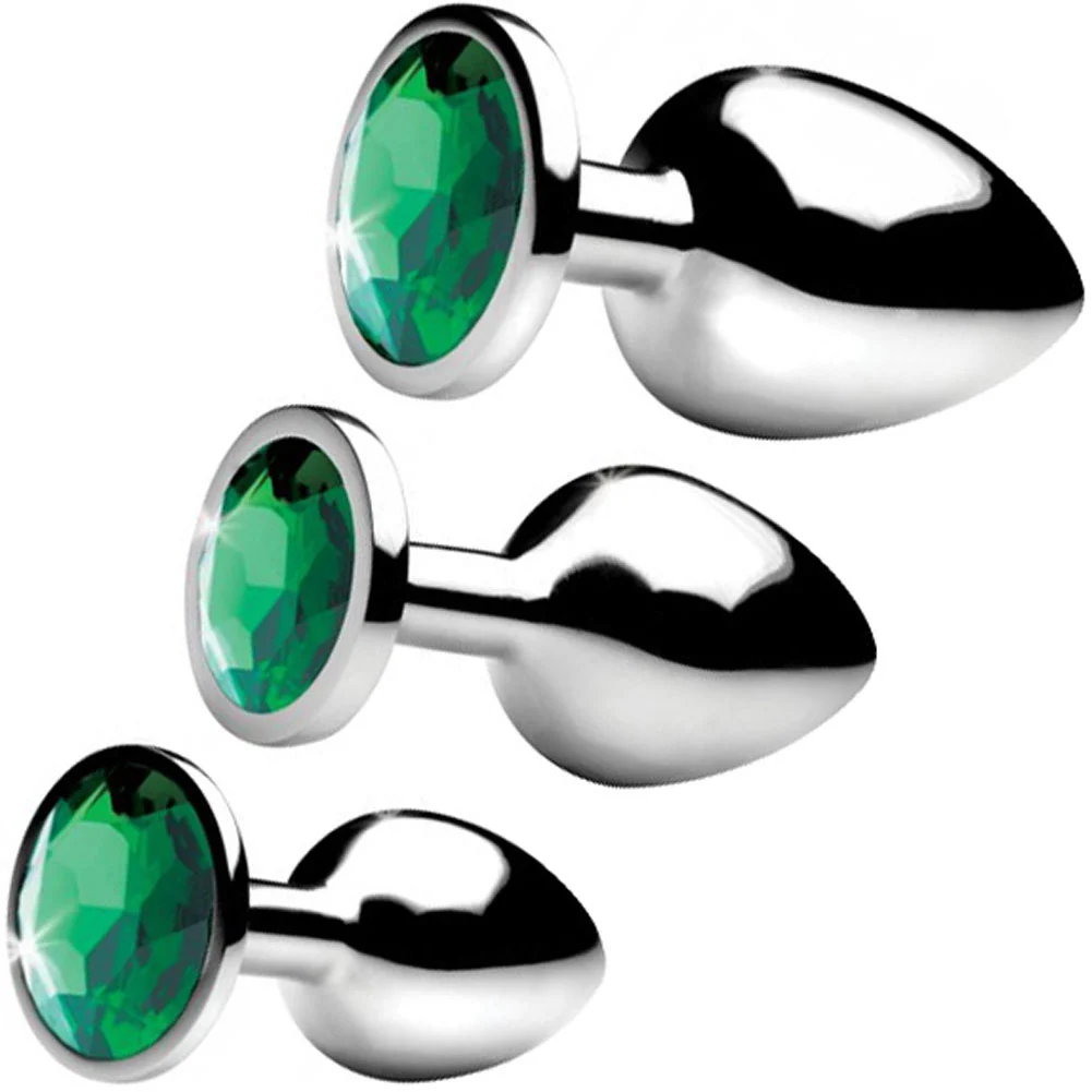 Booty Sparks Smooth Metal Anal Plug with Round Base, Set of 3, Silver/Green