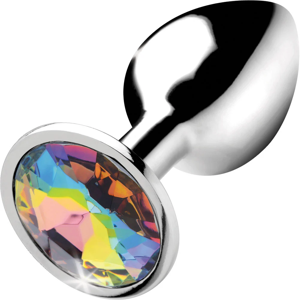 Booty Sparks Smooth Metal Anal Plug with Round Prism Base, 2.8", Silver/Rainbow