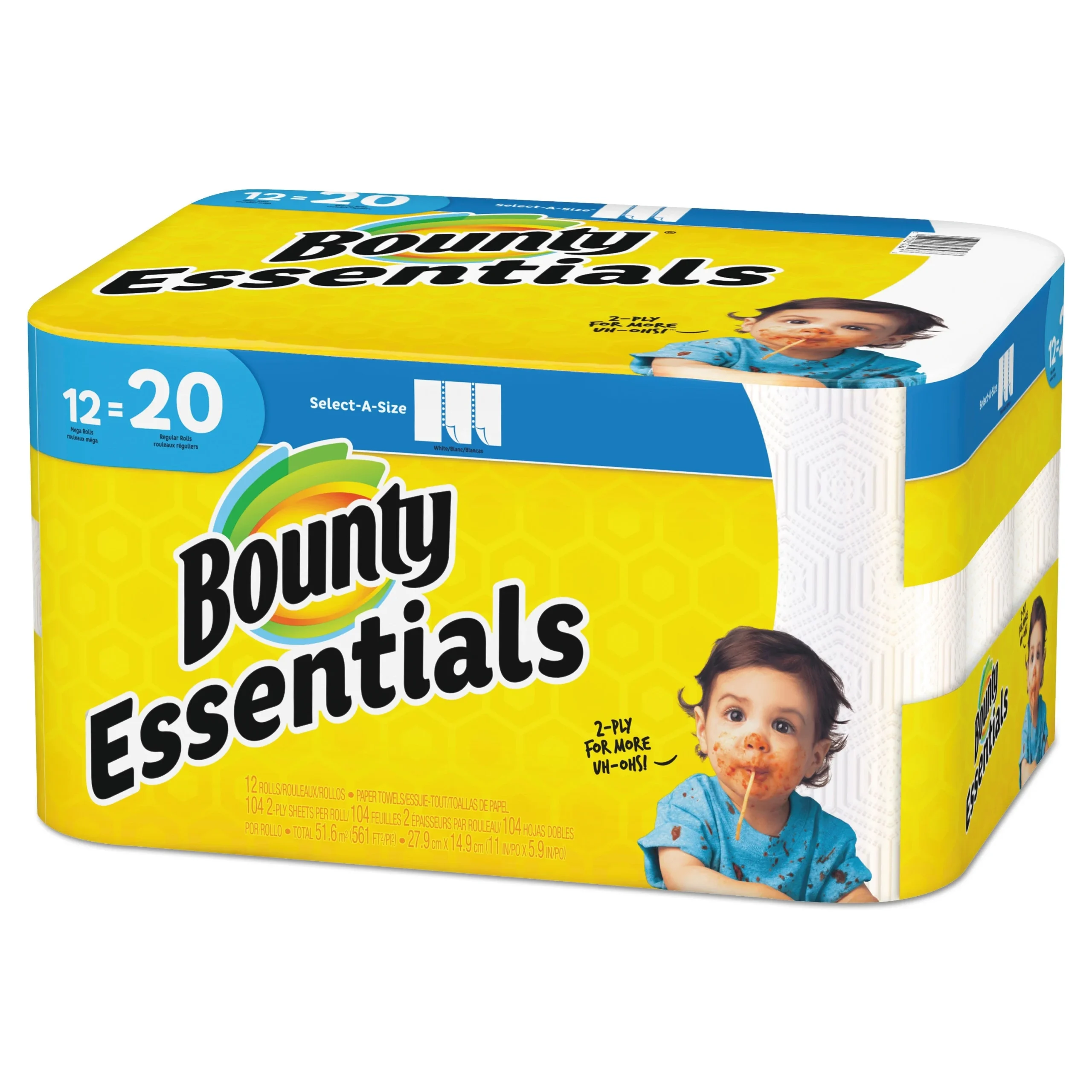 Bounty Essentials Select-A-Size Kitchen Roll Paper Towels, 2-Ply, 104 Sheets/Roll, 12 Rolls/Carton