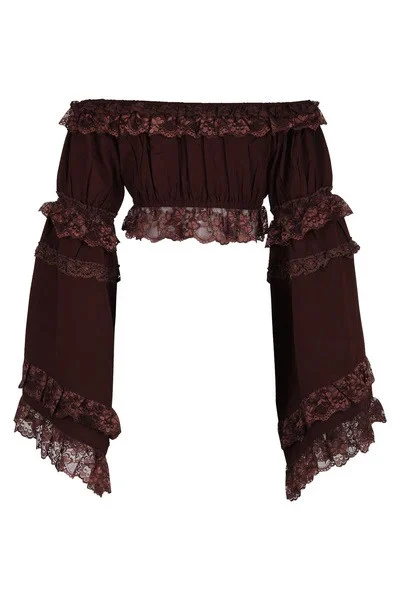 Brown Smocked Flare Sleeve Peasant Top by Daisy Corsets