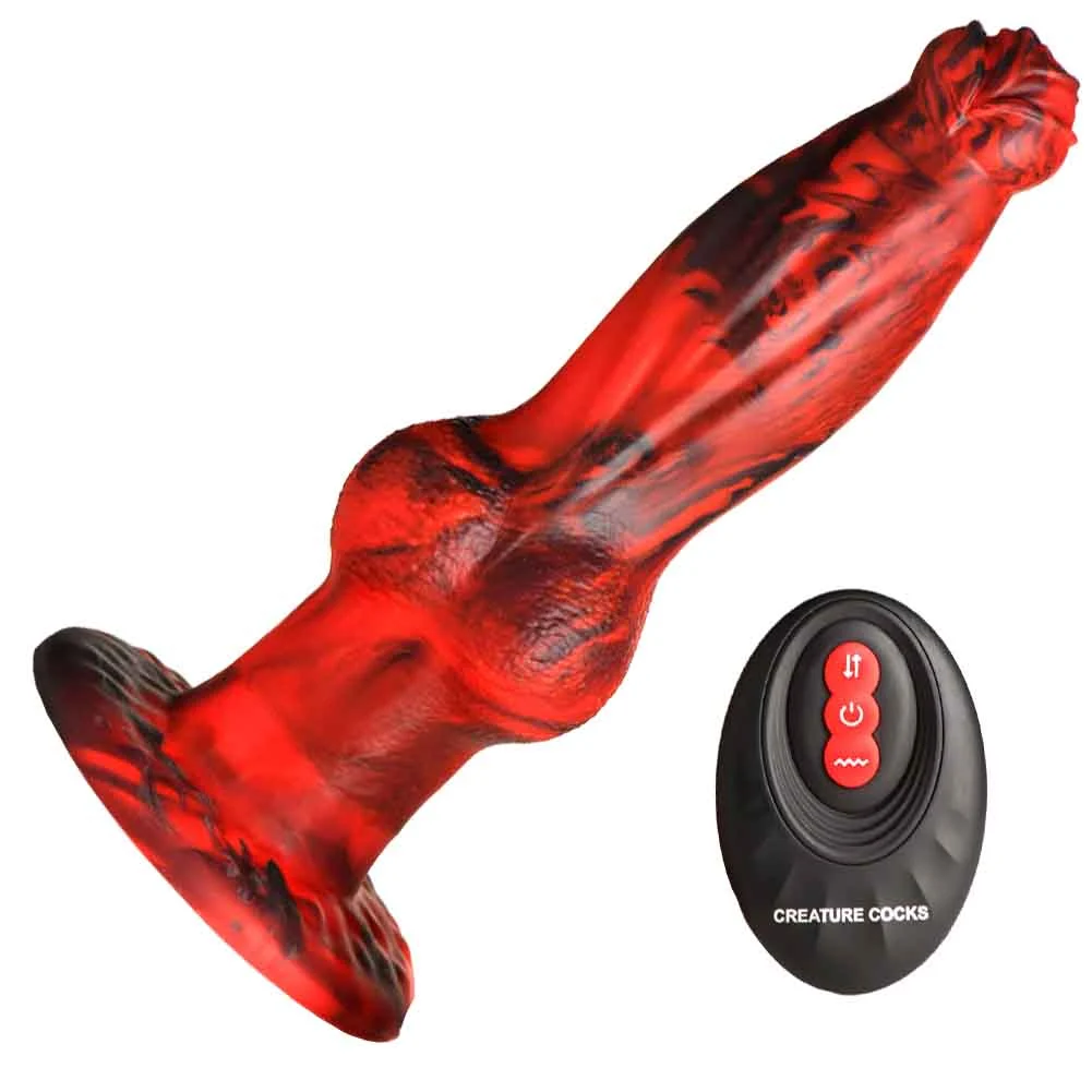 CreatureCocks Hell Wolf Thrusting & Vibrating Silicone Dildo, 8.7", Red