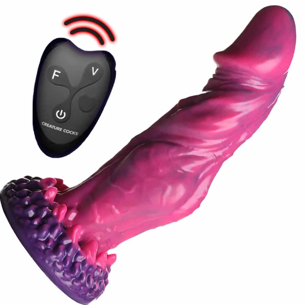 CreatureCocks Xenox Vibrating Silicone Dildo with Remote, 8.75", Pink