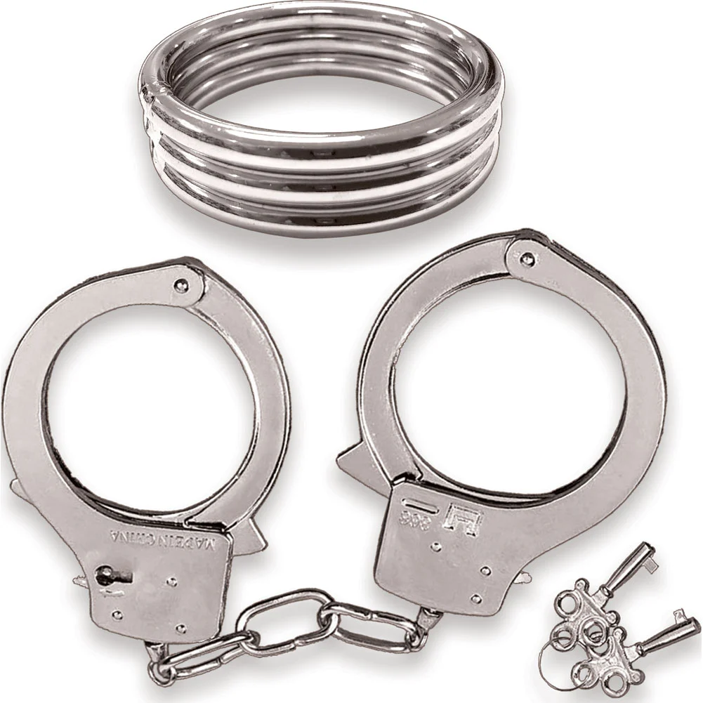 Dominant Submissive Metal Penis Ring and Handcuffs Set, Silver