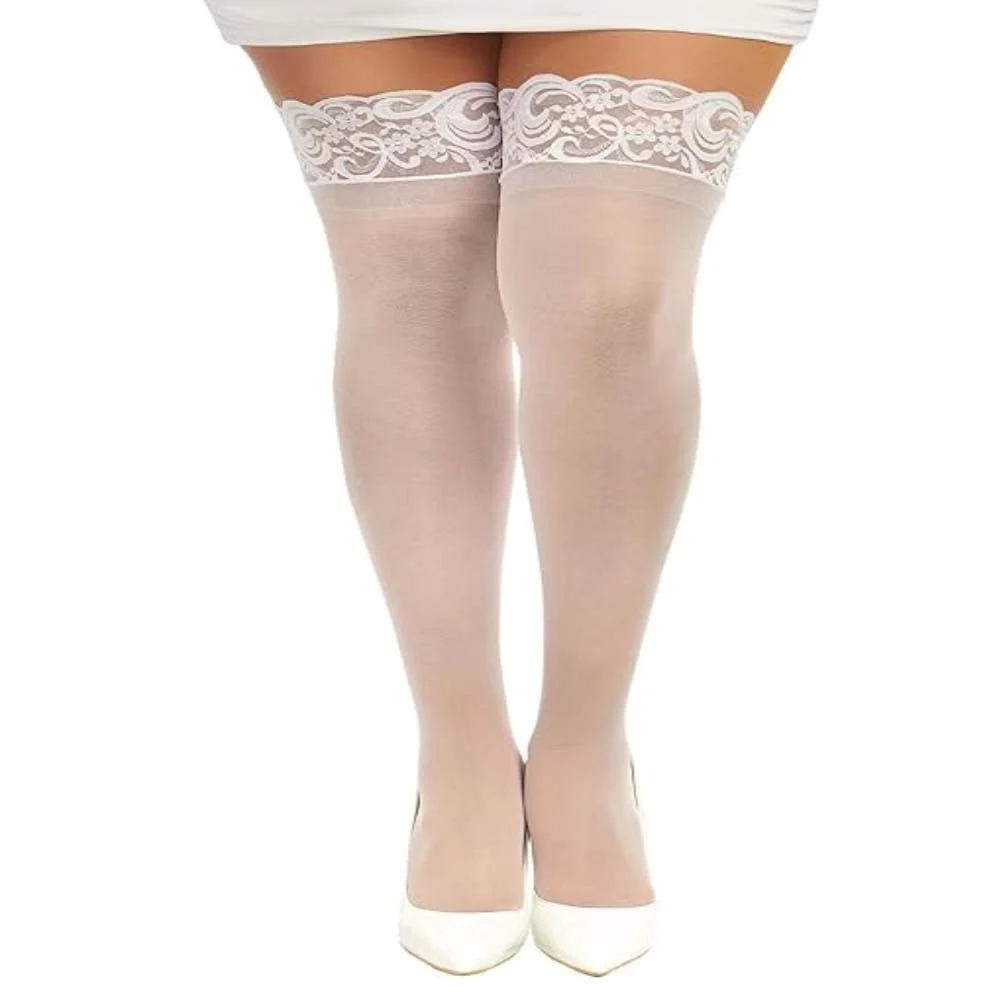 Dreamgirl Stay Up Sheer Thigh High with Lace Top, Queen, White