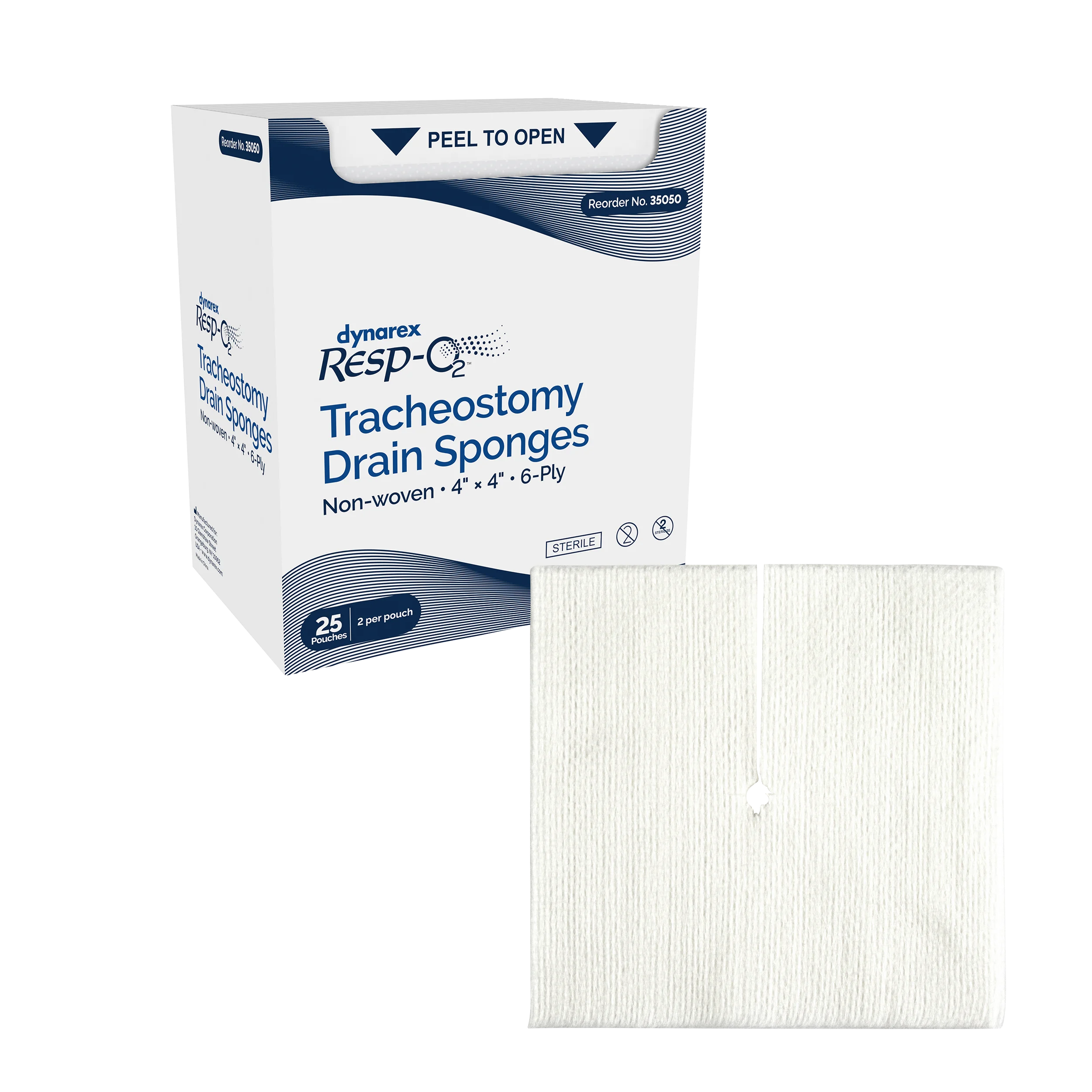 Dynarex Tracheostomy Sterile Drain Sponge Non-Woven - 4"x4" 2's, 6-Ply, 25/box, Case of 12 (600 Count)