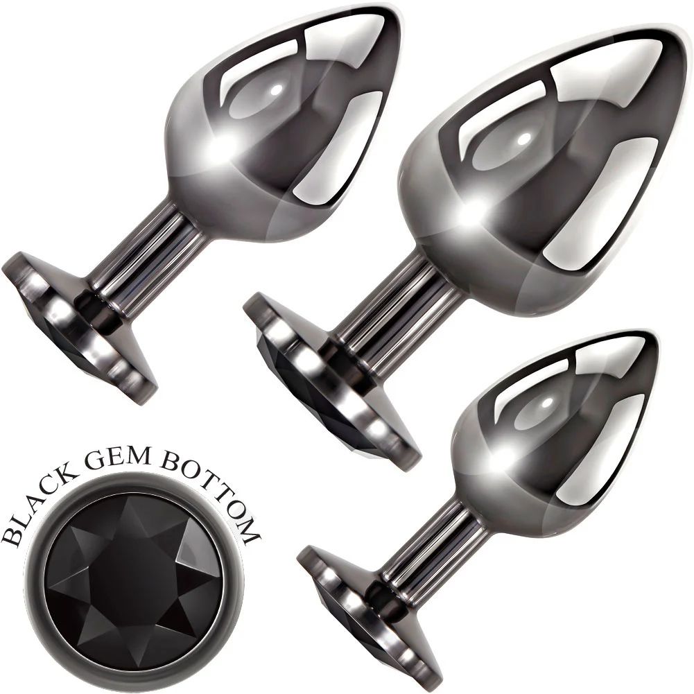 Evolved Black Gem Smooth Metal Anal Plug, Set of 3, Silver/Black