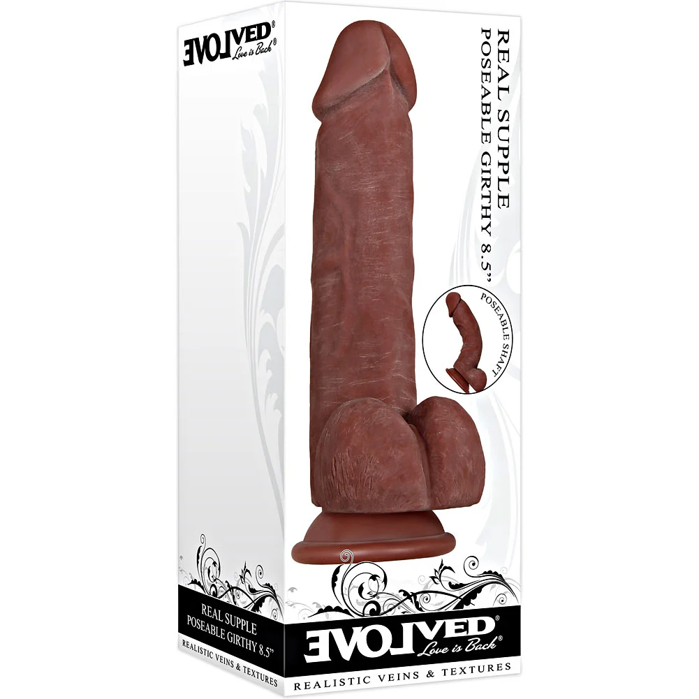 Evolved Real Supple Poseable Girthy Dildo with Suction Cup, 8.5", Chocolate