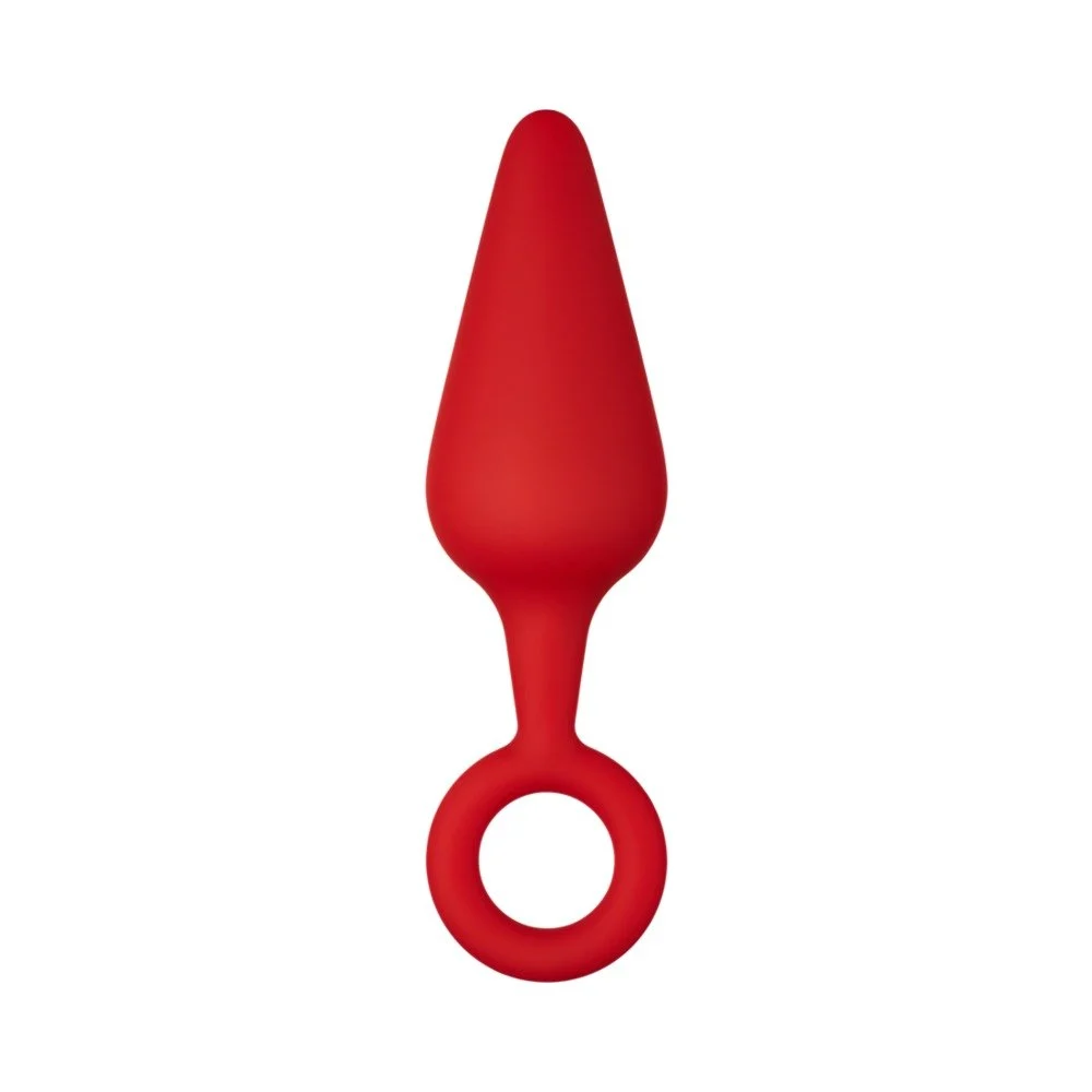 F-10 Silicone Butt Plug With Pull Ring, Large, Black-Red
