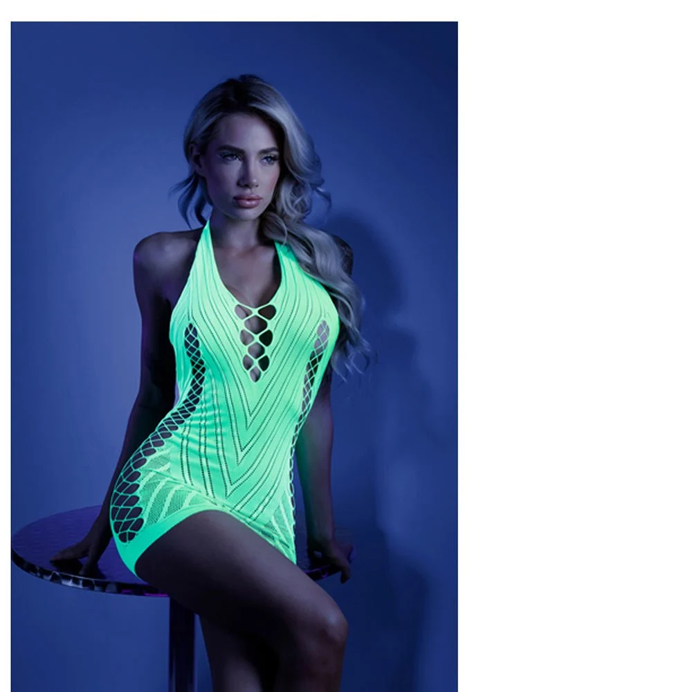 Fantasy Lingerie Glow Shock Value Net Halter Dress With Open Back
