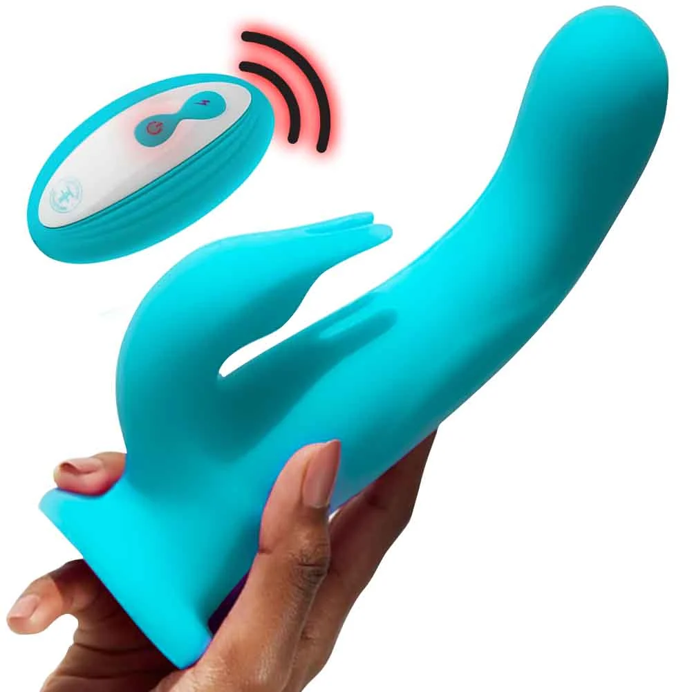 FemmeFunn Pirouette Rotating Rabbit Vibrator with Remote, 8", Turquoise