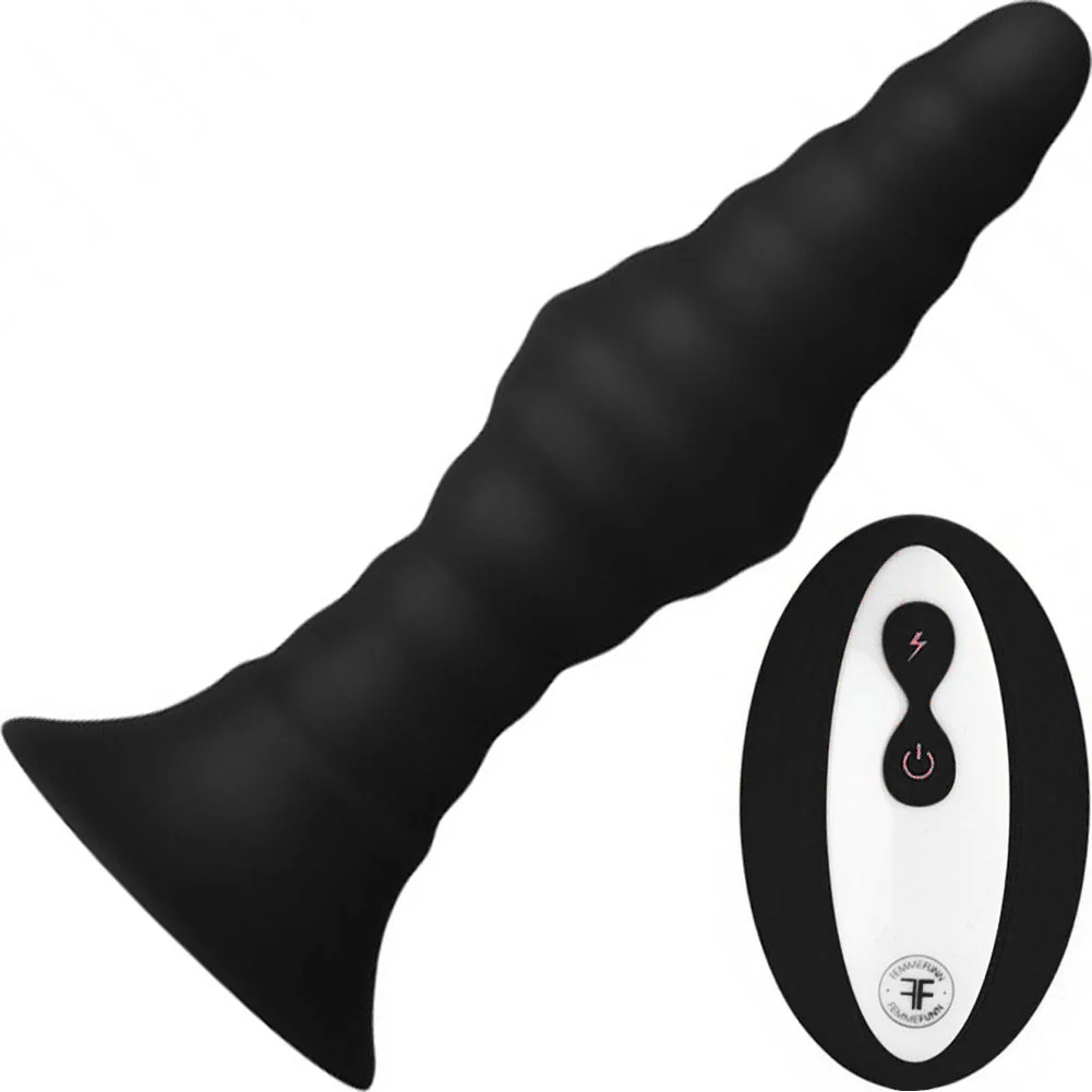 Forto Vibrating Ribbed Butt Plug with Remote Control, 4.7", Black