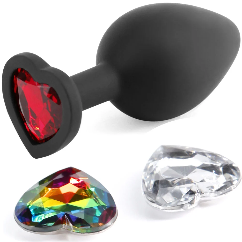 Glams Xchange Swappable Gem Silicone Butt Plug, Medium, Black/Heart