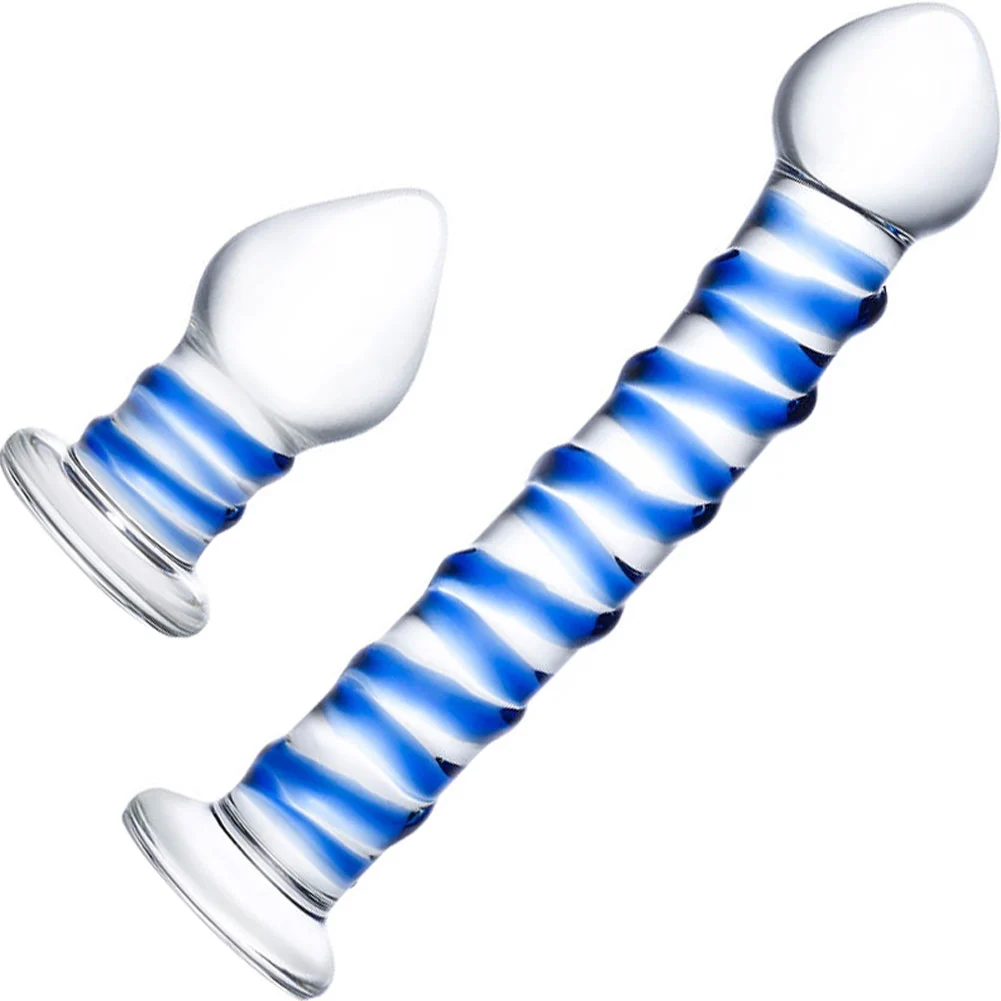 Glas 2-Piece Double Penetration Glass Swirly Dildo & Butt Plug Set, Clear/Blue