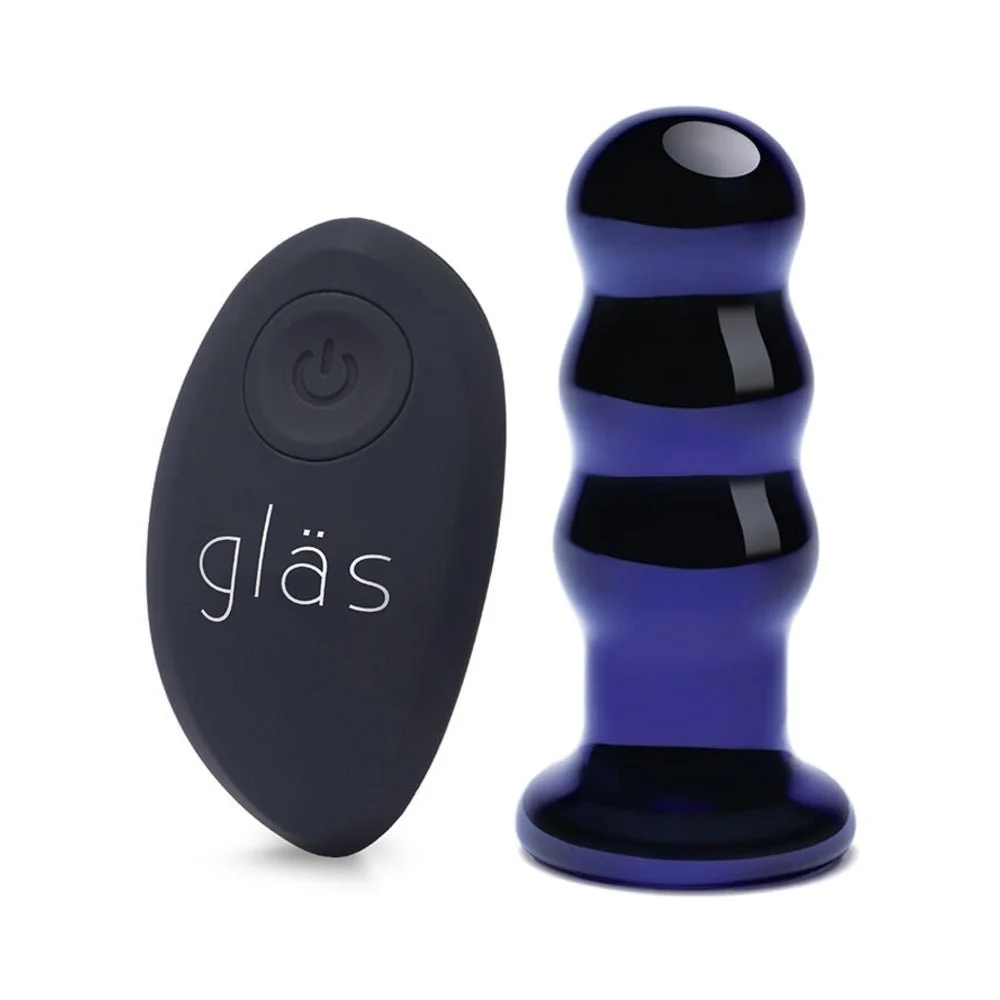 Glas 3.5 Vibrating Beaded Butt Plug With Remote Blue
