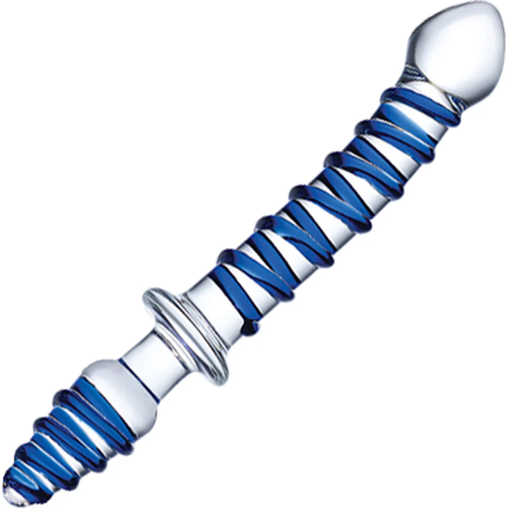 glas Mr Swirly Double Ended Glass Dildo and Butt Plug, 10", Clear/Blue