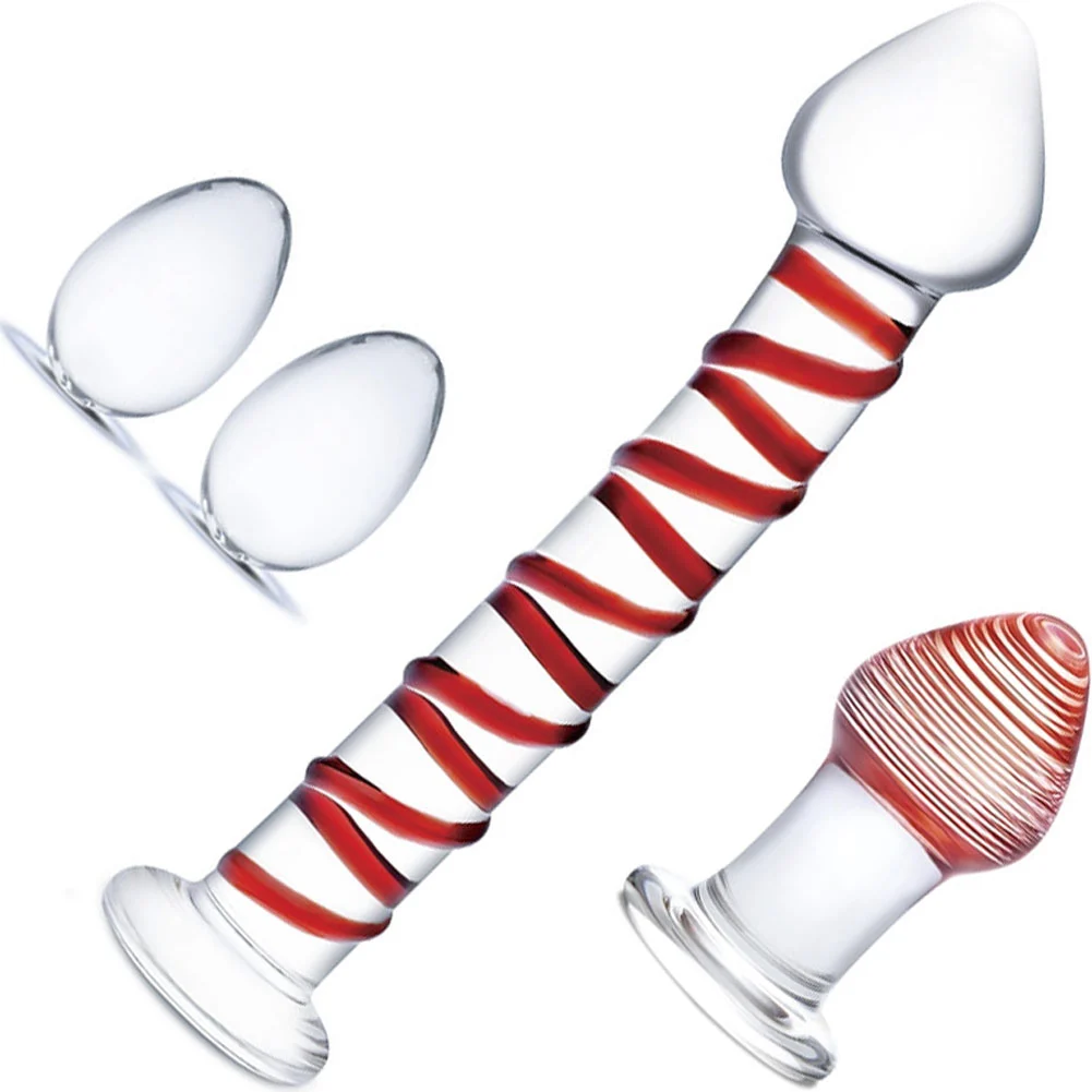 glas Mr Swirly Set with Glass Kegel Balls and Butt Plug, Clear/Red