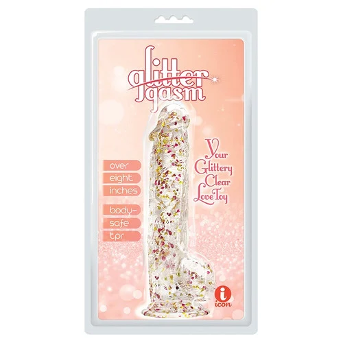 Glittergasm 8 Inch Clear Swirl Dildo with Orange Red Gold Glitter