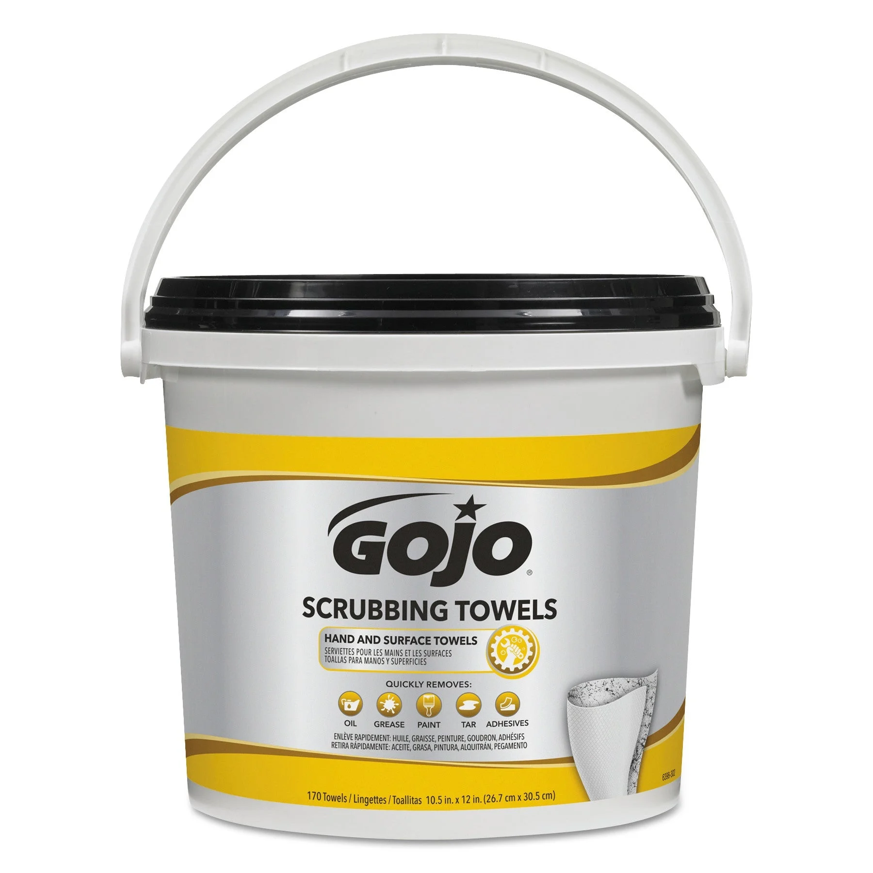 GOJO Scrubbing Towels, Hand Cleaning, Orange Scent, White/Yellow, 170/Bucket, 2 Buckets/Carton