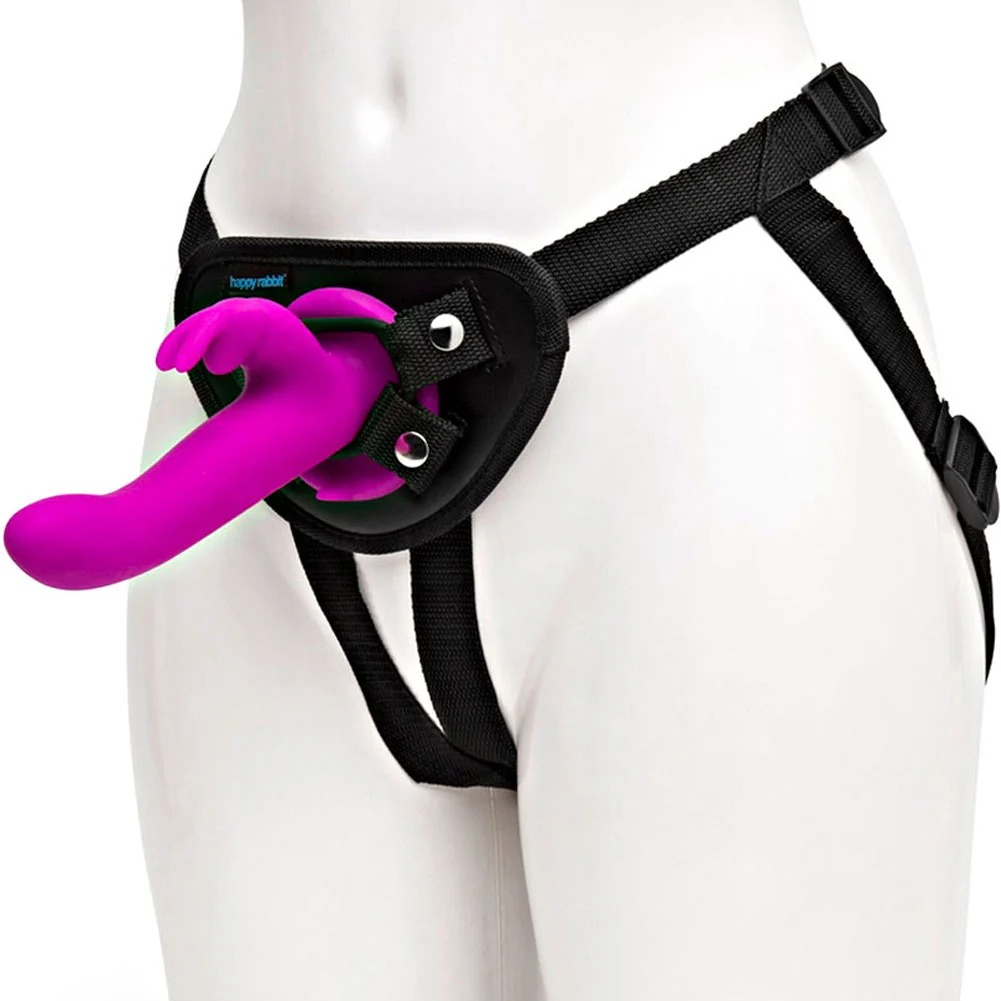 Happy Rabbit Rechargeable Silicone Vibrating Strap-On Harness Set, 7", Purple