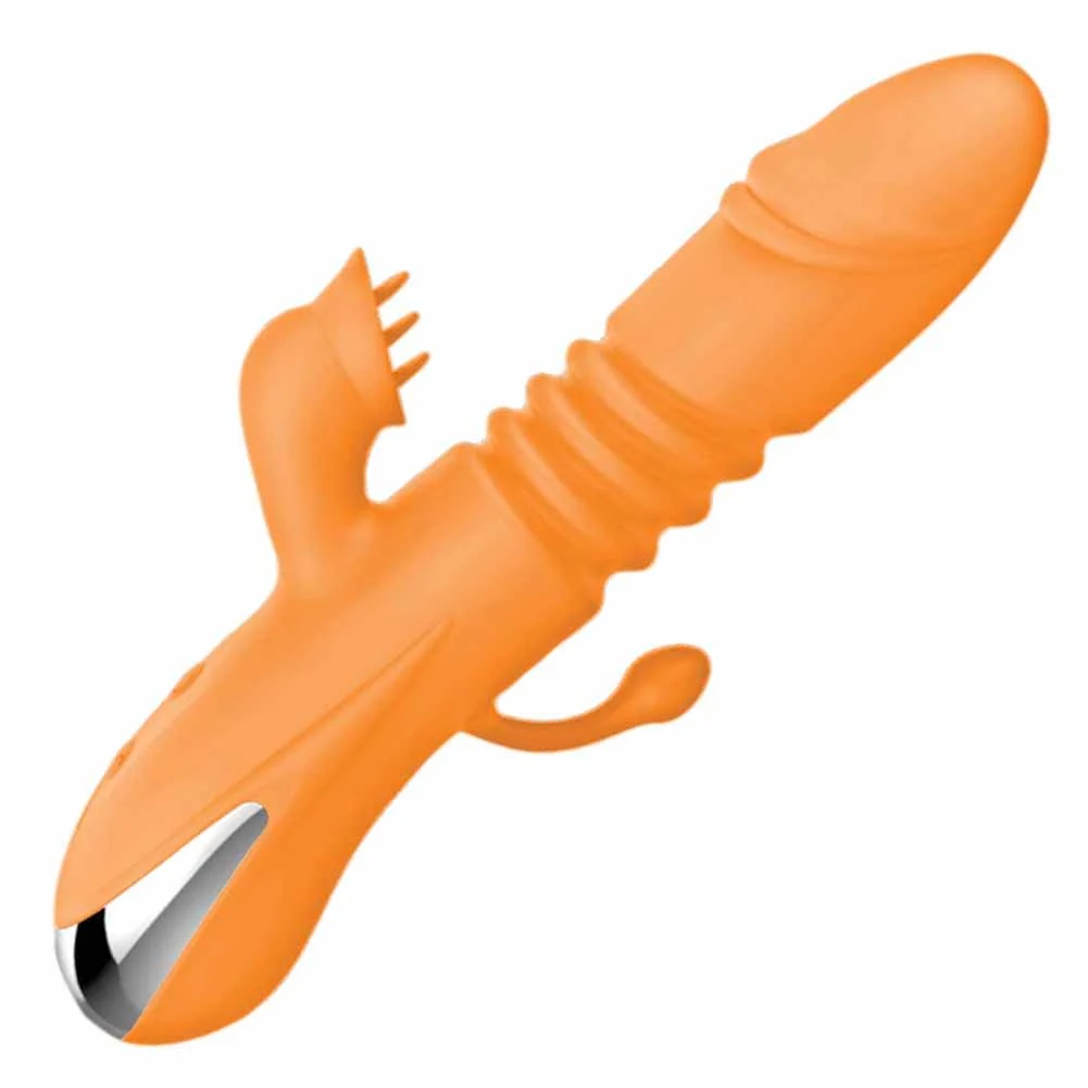 Intruder Heat-Up Thruster Silicone Vibrator with Anal Tickler, 7.5", Orange