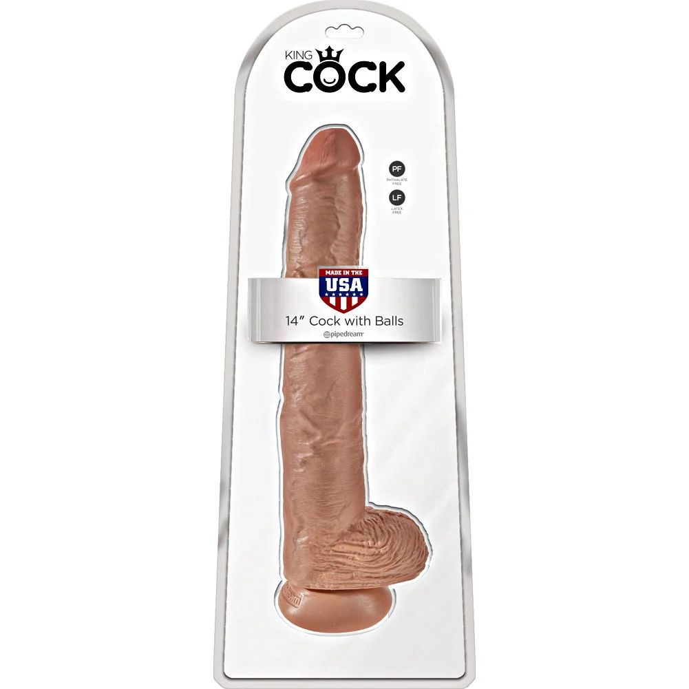 KingCock Life Like Dildo With Balls and Suction Mount Base, 14", Tan