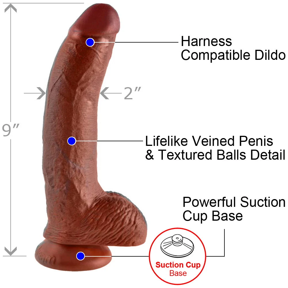 KingCock Life Like Dildo With Balls and Suction Mount Base, 9", Chocolate