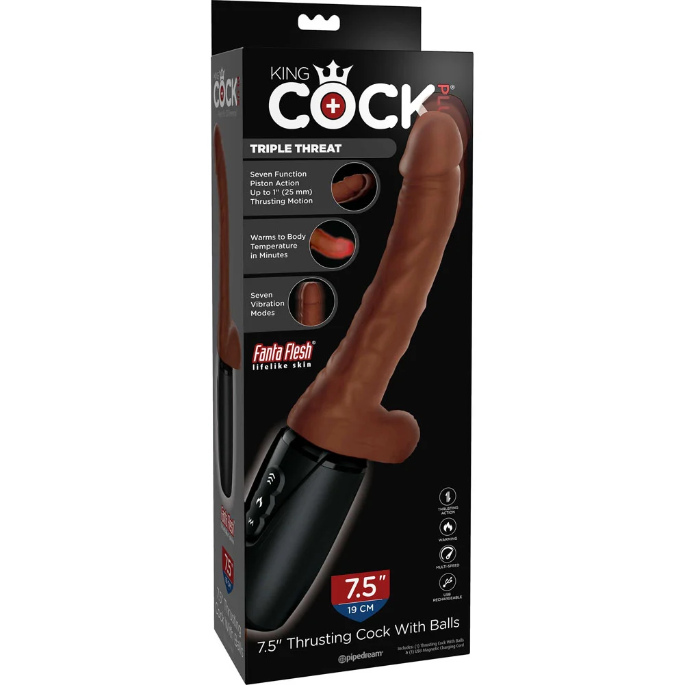 KingCock Plus Heated Thrusting Dildo with Balls, 7.5", Chocolate