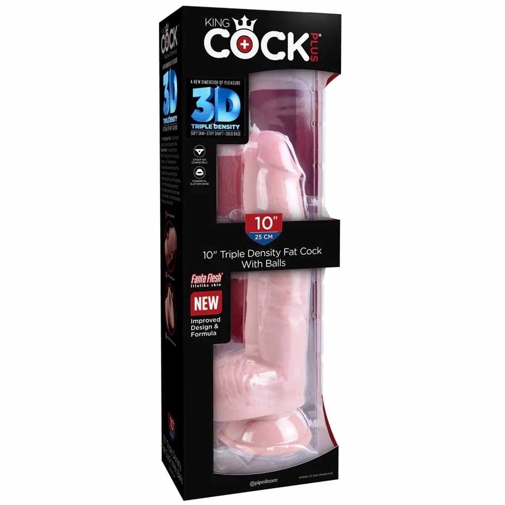 KingCock Plus Triple Density Fat Ballsy Dildo with Suction Cup, 10", Vanilla
