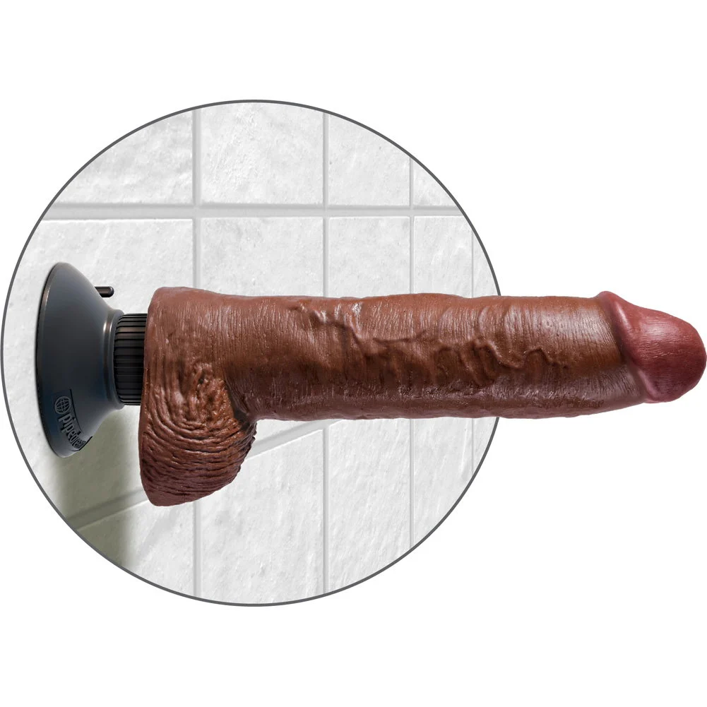 KingCock Vibrating Realistic Dildo with Balls and Suction Cup, 10", Brown