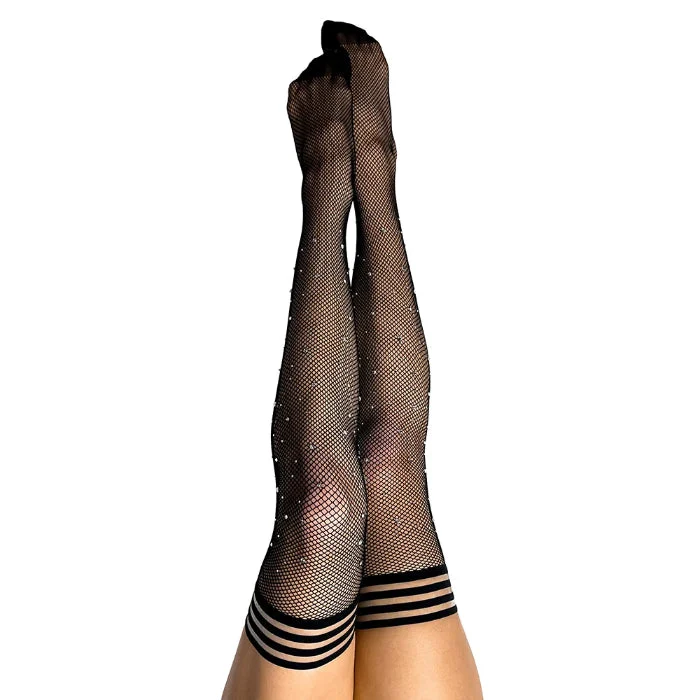 Kixies Angelica Rhinestone Fishnet Stay Up Thigh High Stockings