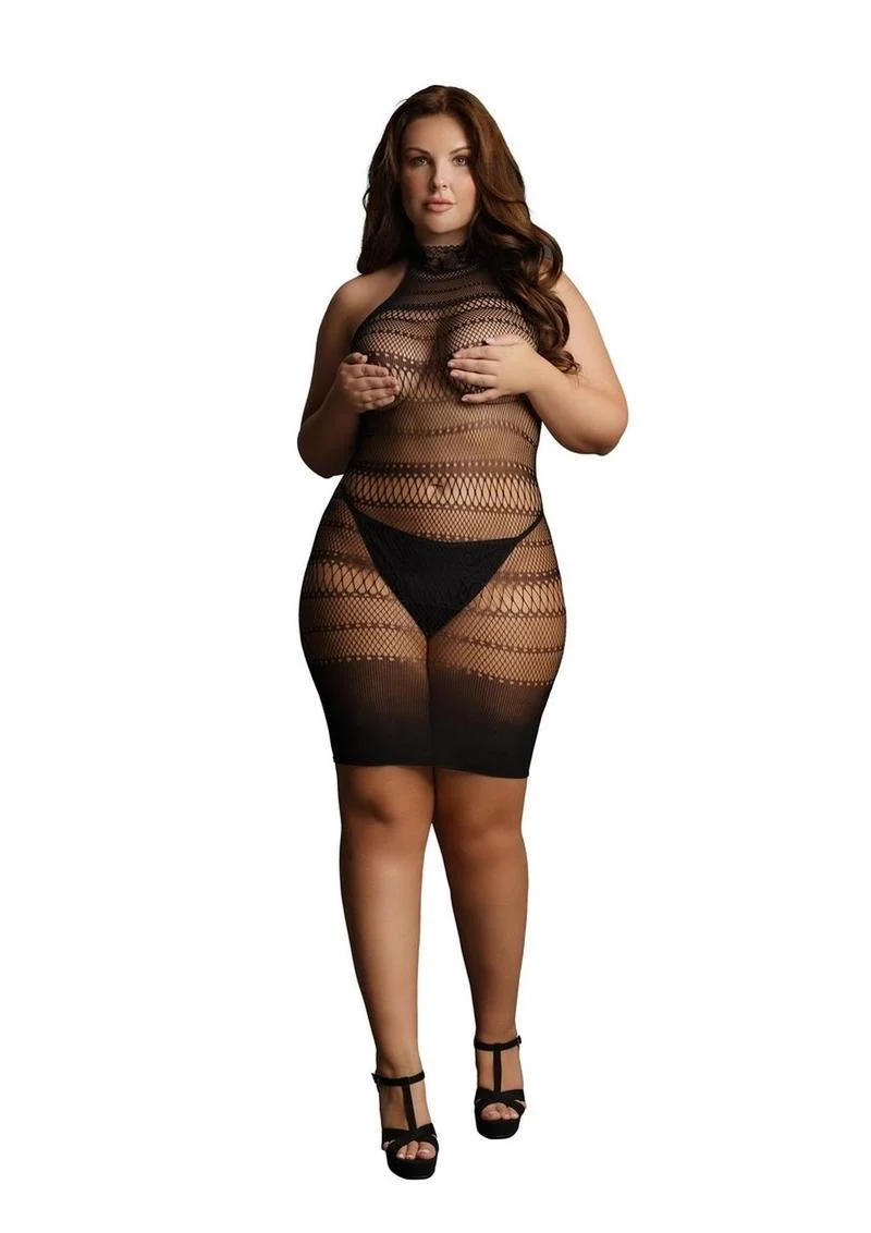 Le Desir High Lace Neck Net Mini Dress